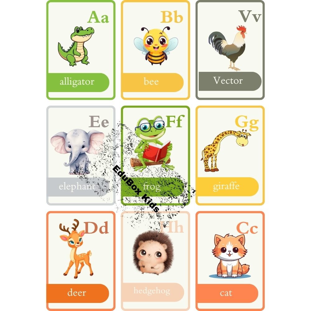 Printable Animal Alphabet Flashcards – Learn Letters with Joy! A4 printable alphabet flashcards with uppercase and lowercase letters paired with cute animals like Alligator, Bear, and Cat designed for early learners.
