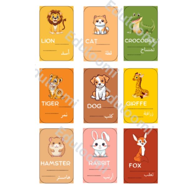 Bilingual Animal Flashcards: 9 Cards (English & Arabic)