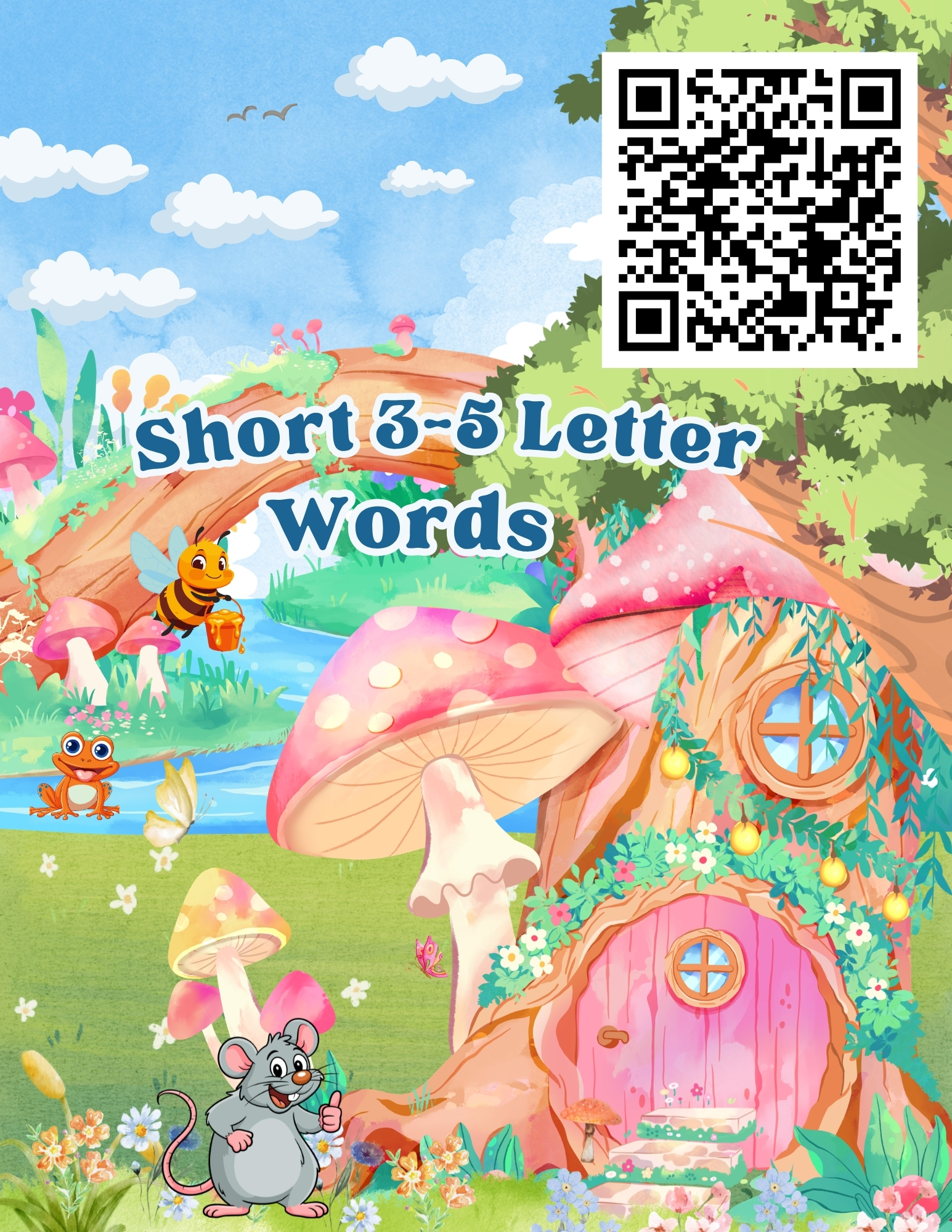 short-words-spelling-handwriting-practice-booklet-cover Front cover of the printable Short Words Spelling and Handwriting Practice Booklet for kids ages 6-8, featuring a word tracing worksheet template with colorful cartoon animal illustrations.