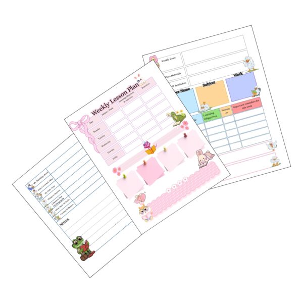 Cute Kawaii Teacher Lesson Planner and self-care bundle featuring pastel pink aesthetic, bunny illustration, weekly planner pages, and habit tracker.